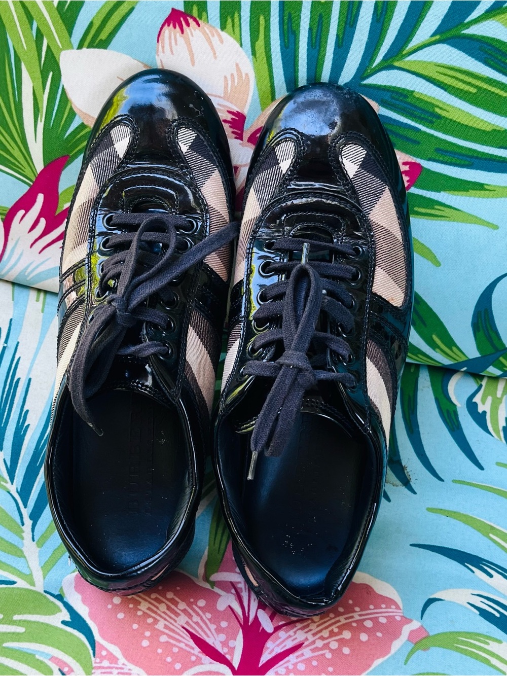 Burberry Black Patent & Beige Check Sneakers